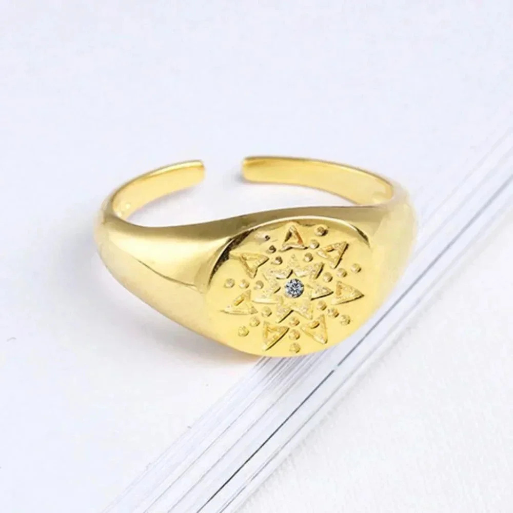 Minimalist Boho Gold Sunburst Disc Signet Ring